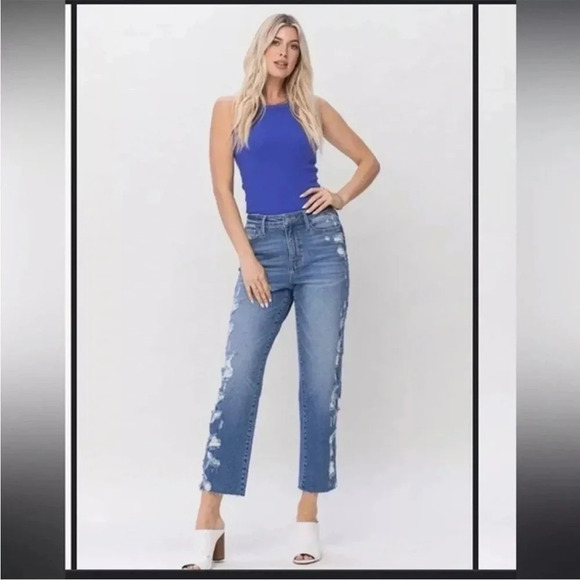 NWT Judy Blue Laila High Waisted Straight Side Distressed Jeans Size 7/28. - Picture 1 of 9